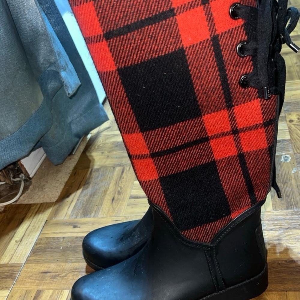 Coach Tristee Black And Red  plaid Knee Rain Boots, Women’s size 8 - Picture 2 of 7